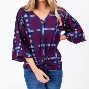 Francescas 3/4 Sleeve Plaid Button Front Blouse